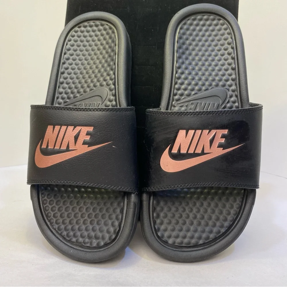 Nike Benassi JDI Slide Sandals Black Rose Gold Logo US 6 Comfort Slides
